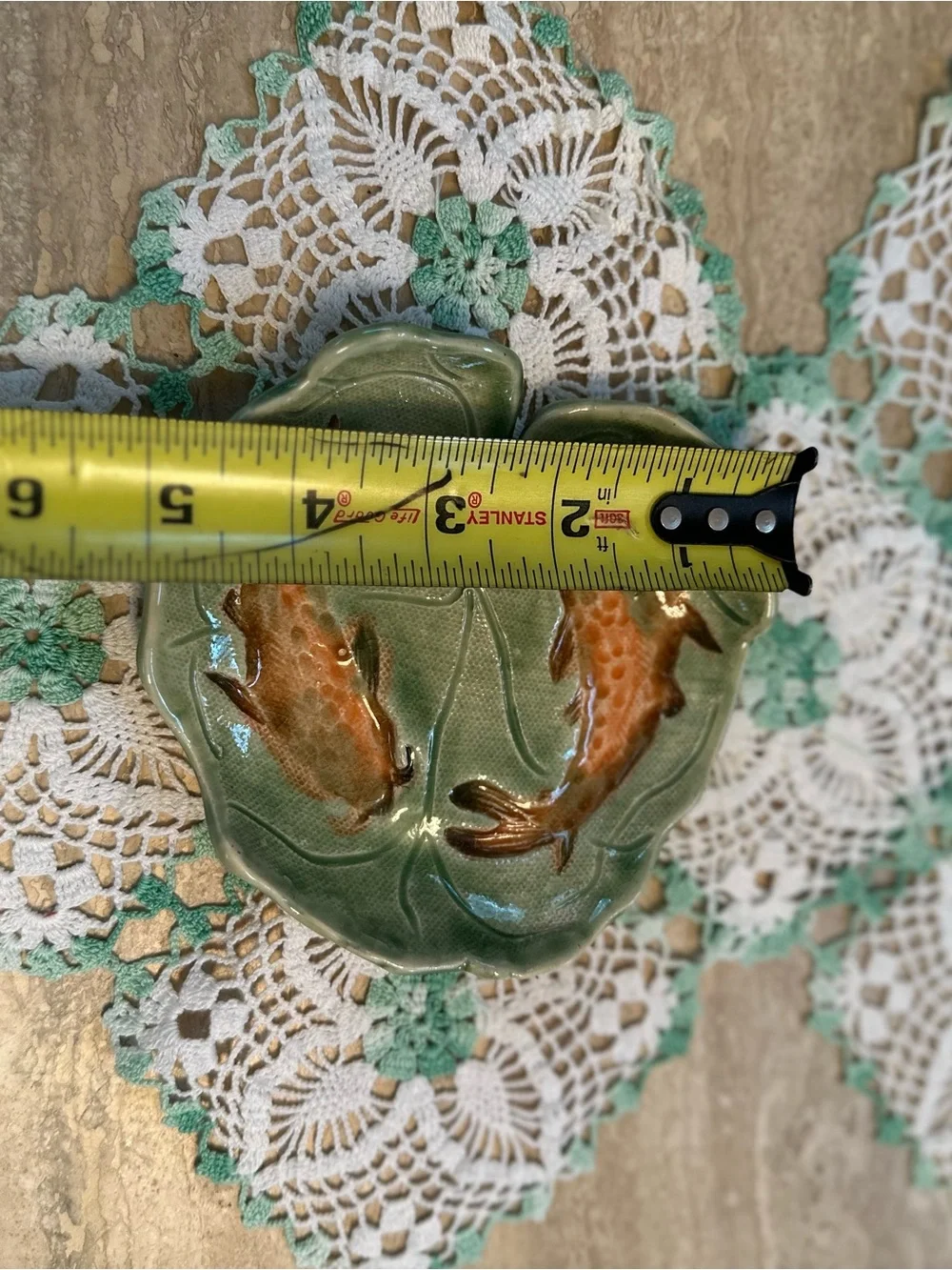 Handcrafted Green Ceramic Koi Dish Trinket with Orange Fish Design